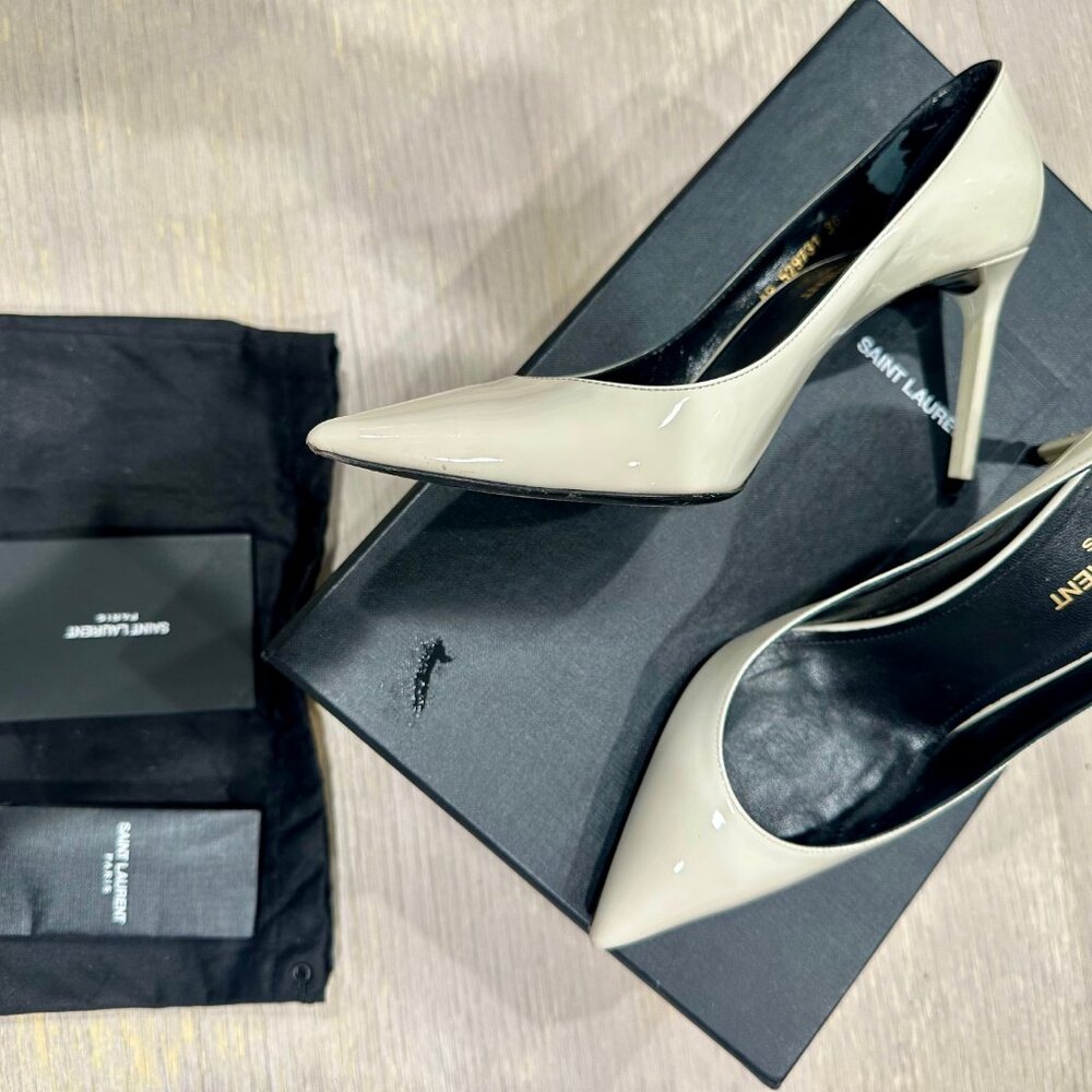 Saint Laurent Patent Calfskin Zoe 85 Pumps EU 36.5  US 6.5 Chiffon Neutro White - Picture 3 of 11